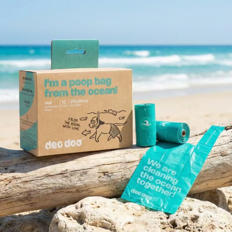 Empaque Deo Doo Ocean — bolsas ecológicas para perros fabricadas con plástico recuperado del océano, disponibles en Panamá